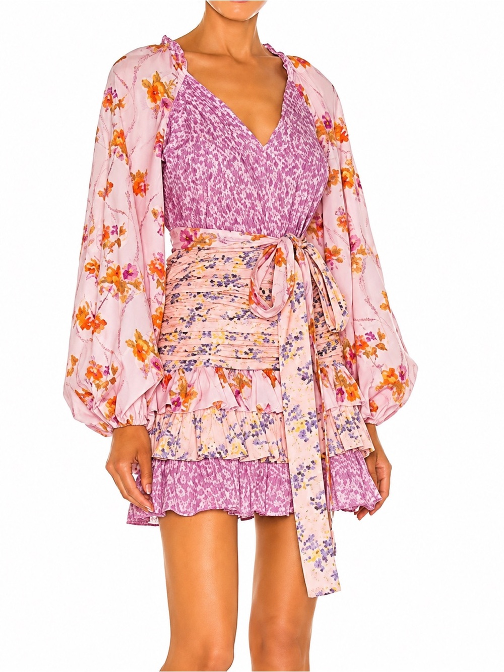 Floral Mixed-Print Pink Tiered Mini Dress with Sash